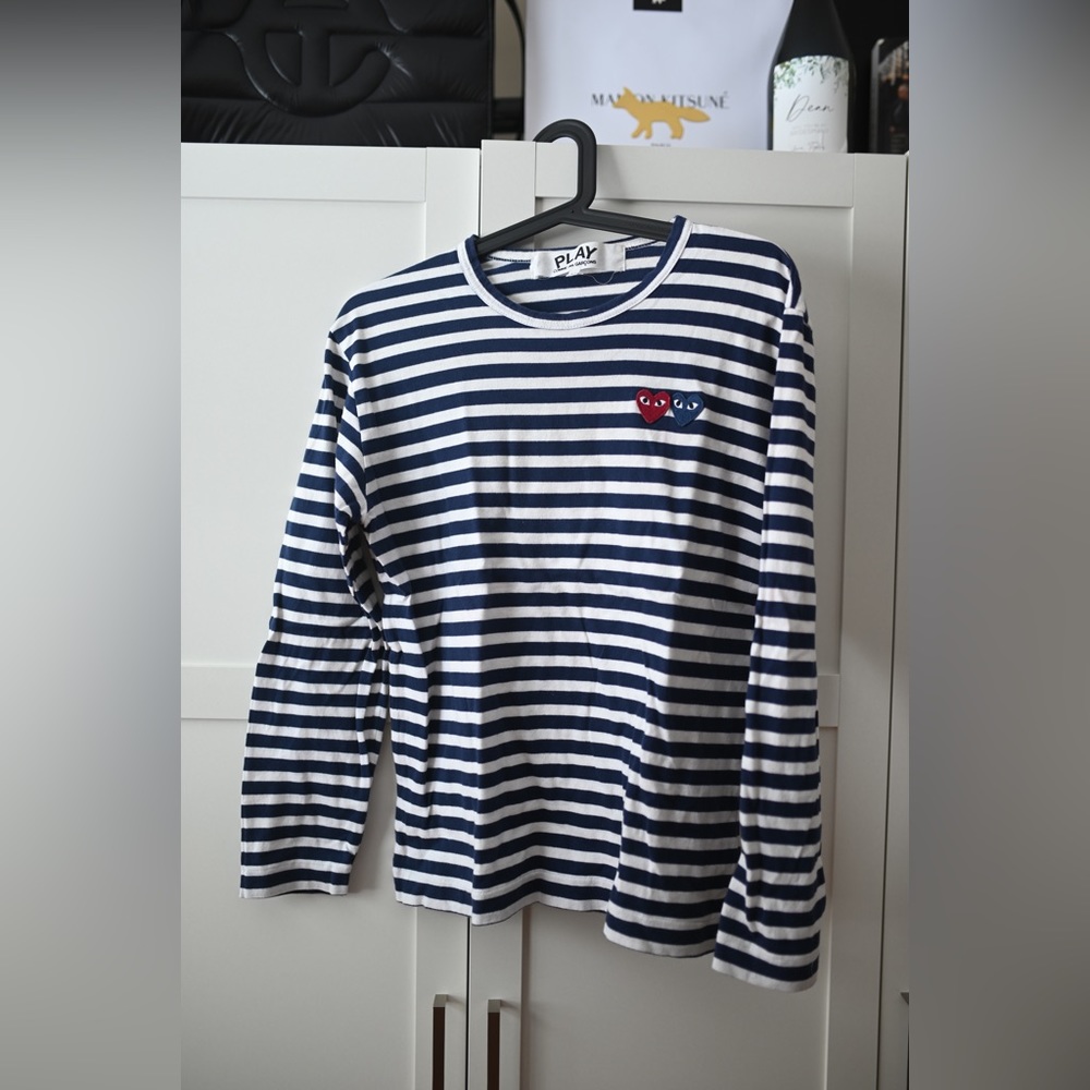 Play by Comme Des Garçons long sleeve striped shirt with dual heart logo.